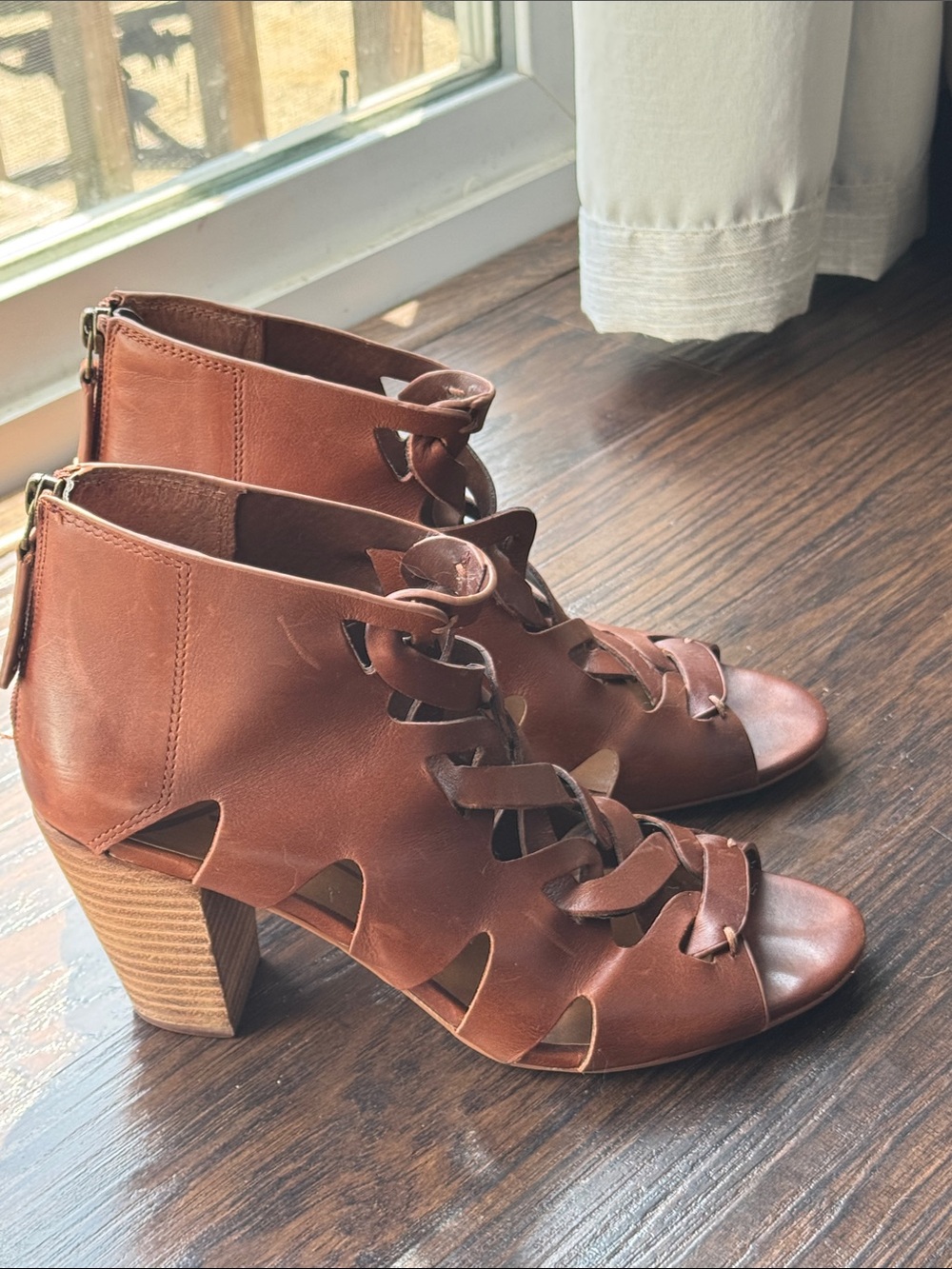 Zodiac Cognac Leather Braided Cutout Lace-Up Peep-Toe Heels